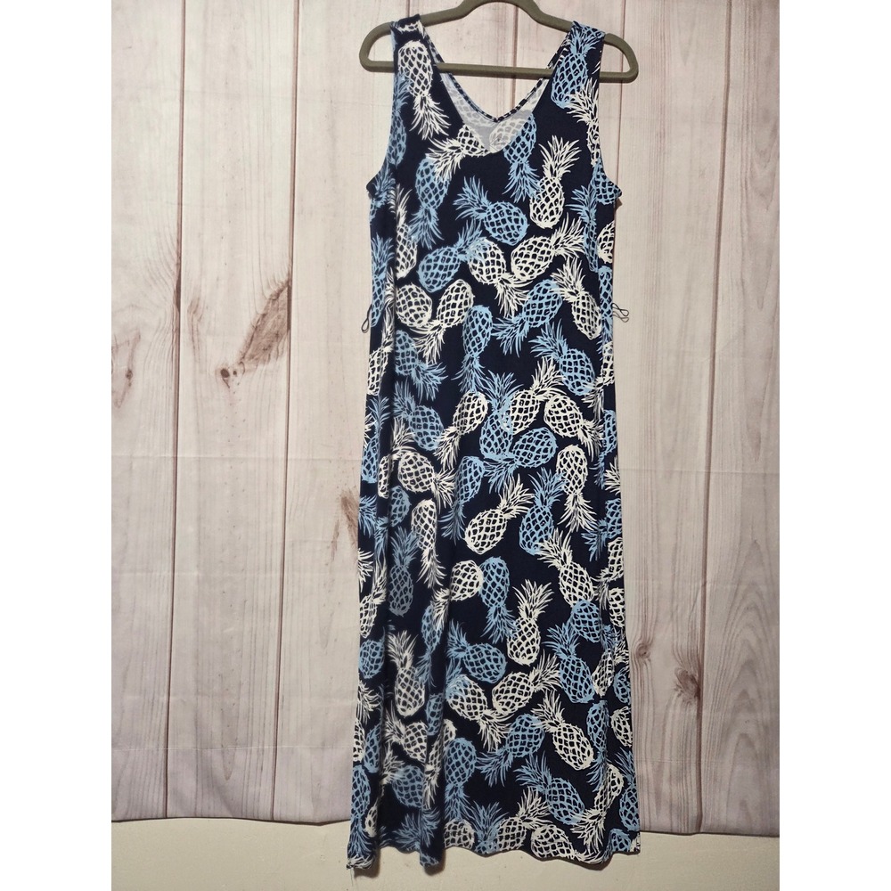 St Johns Bay Womens Blue Pineapple Print V-Neck Sleeveless Maxi Dress Medium